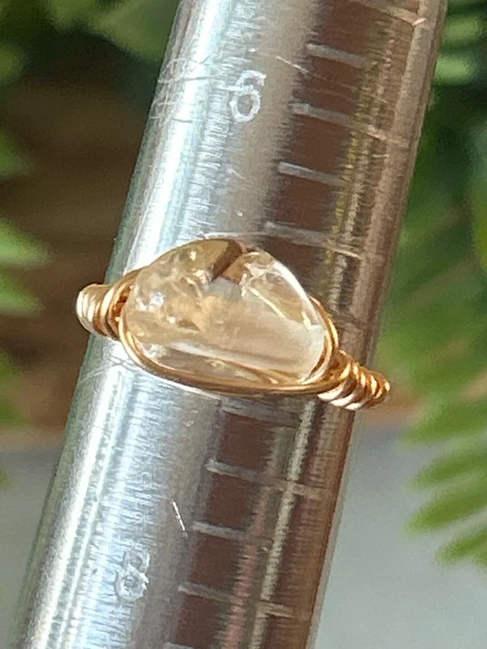 Handmade gold tone citrine wire wrapped crystal ring - size 7
